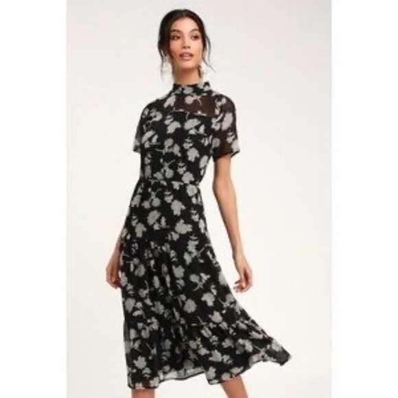 Lulus Floral Dressed Up Black Mesh Floral Midi Dress - Picture 1 of 12